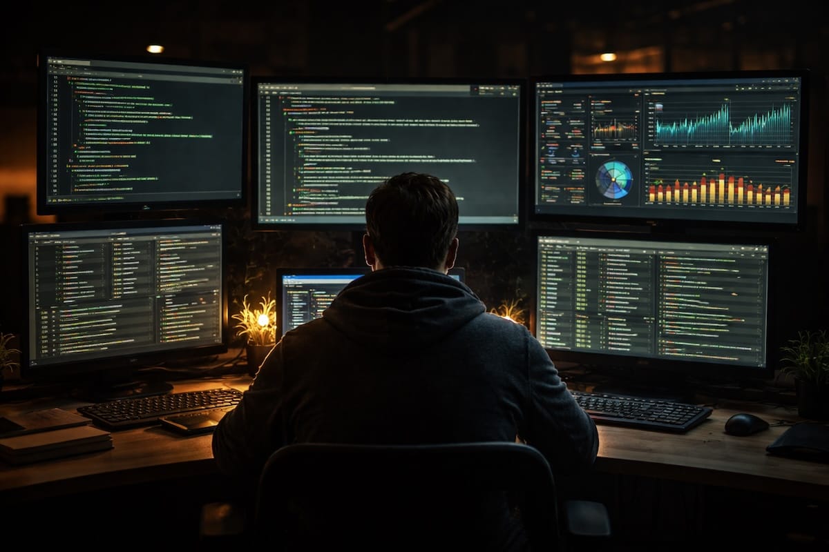 Person sitting at a desk viewed from behind, facing multiple monitors displaying code editors, terminal windows, and data dashboards in a dark room with warm ambient lighting