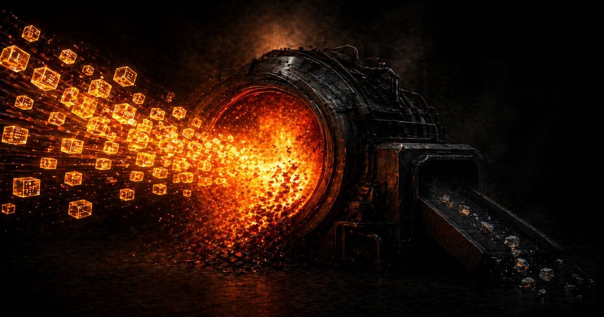 Glowing orange tokens streaming into a dark industrial furnace, burning bright on impact, scattered embers falling below