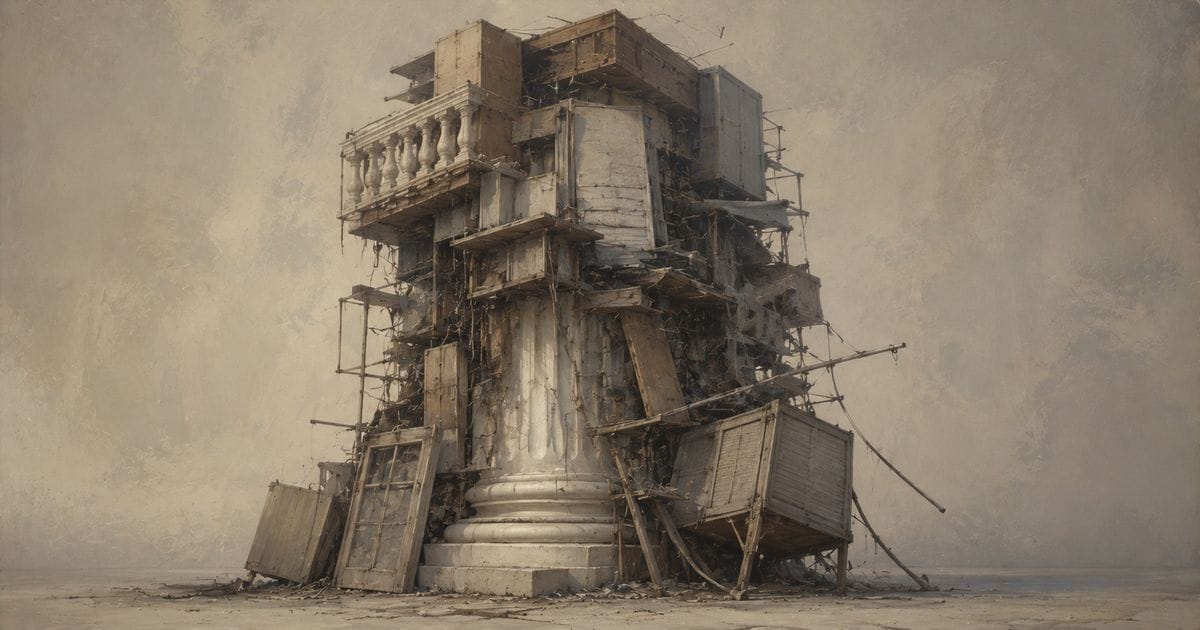 An elegant classical column buried under haphazard additions of scaffolding, wooden crates, and makeshift structures. The original form barely visible beneath the accumulated weight.