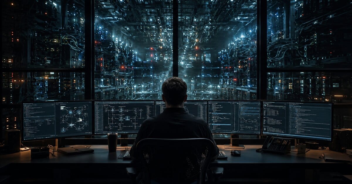 An engineer seen from behind, sitting at a desk with five monitors showing structured data. Beyond the glass, a vast sprawl of servers and infrastructure glows in the darkness.