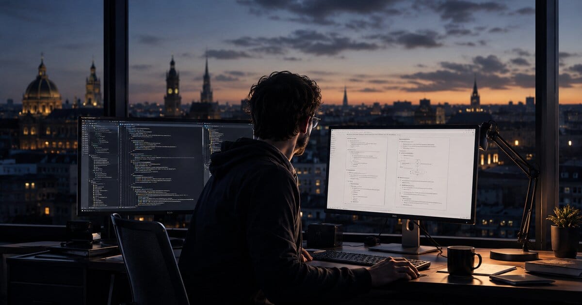 An engineer at a desk with two monitors, turning from a screen of dense code toward a clean structured document. A European city skyline glows at dusk through the window behind them.
