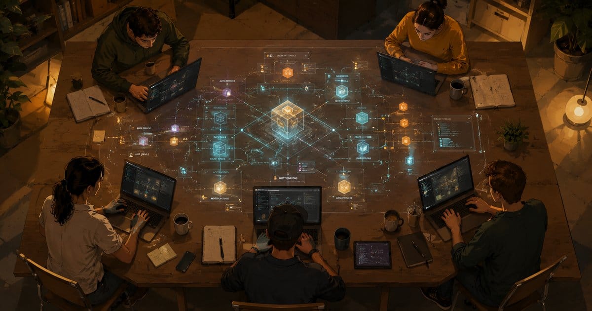 Aerial view of five people around a wooden table, each working on a laptop. A glowing holographic system architecture floats between them, connecting their independent work into one design.