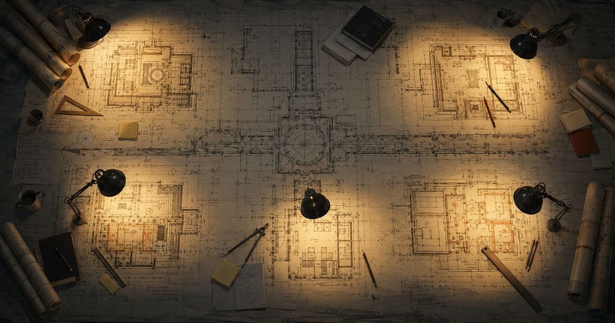 Aerial view of a large architectural blueprint under multiple desk lamps, each illuminating a different section of the same design. Drafting tools and rolled plans scattered around the edges.