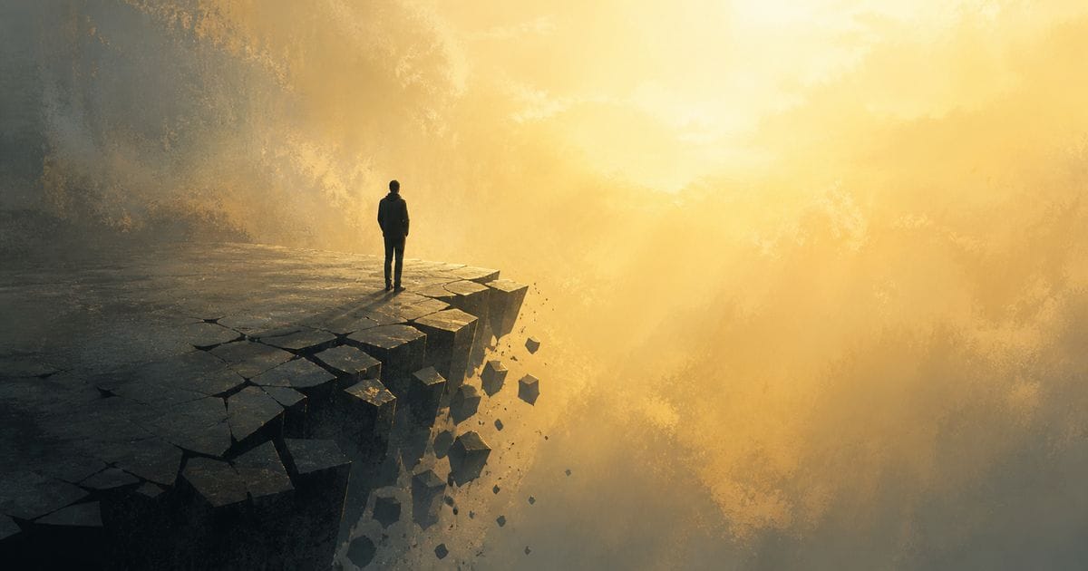 Silhouetted figure standing at the edge of a crumbling stone cliff, facing a vast expanse of warm golden light. Fragments of ground fall away behind them into mist.