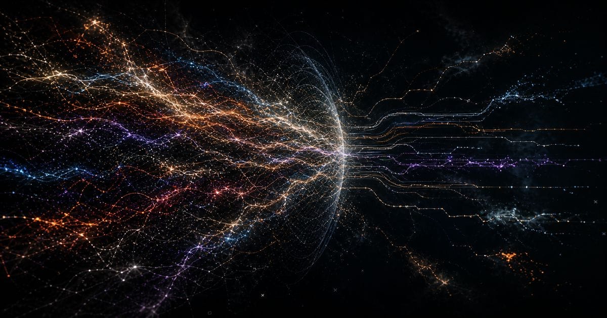 Tangled multicolored light streams converging through a dark field into structured parallel lines