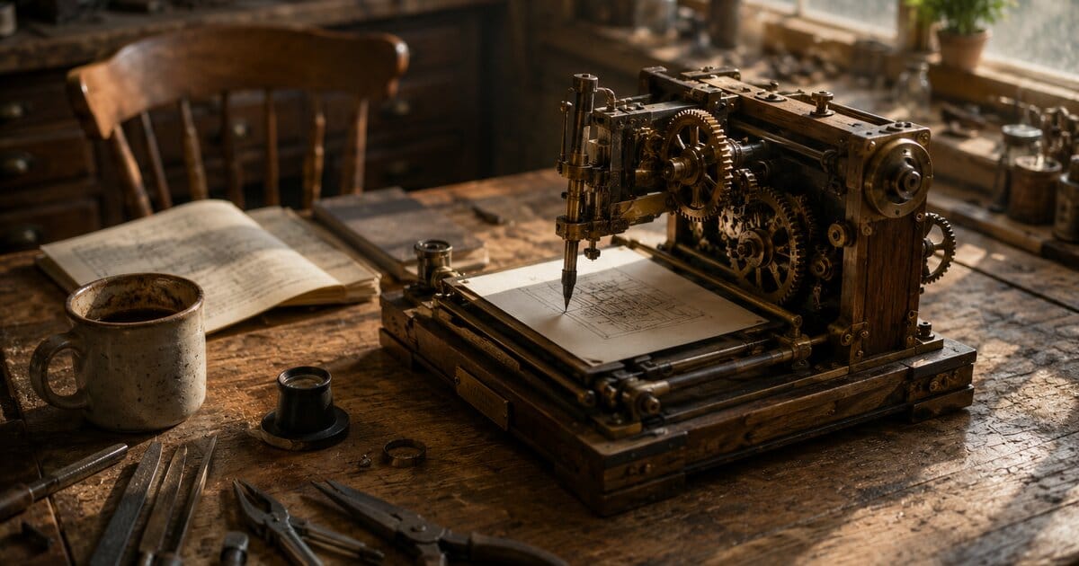 A brass mechanical automaton on a wooden workbench, pen arm drawing on paper. Craftsperson's tools set aside, chair pushed back, cold coffee nearby. Warm morning light through a window.