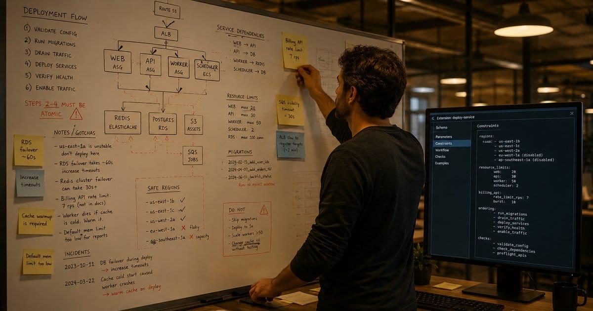 An engineer writing on a large whiteboard covered in deployment flows and architecture diagrams. A monitor beside them shows structured code. Warm industrial office lighting.