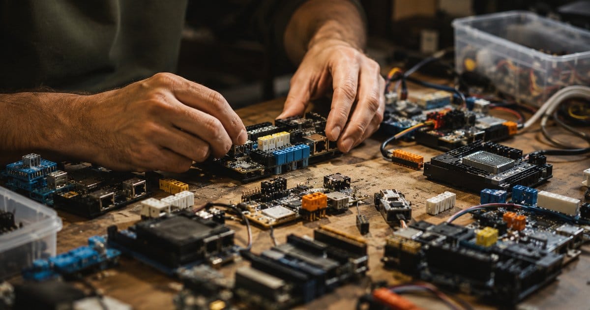 Hands assembling modular electronic components on a wooden workbench covered in circuit boards, connectors, and wiring. Warm task lighting over a purposeful workshop arrangement.