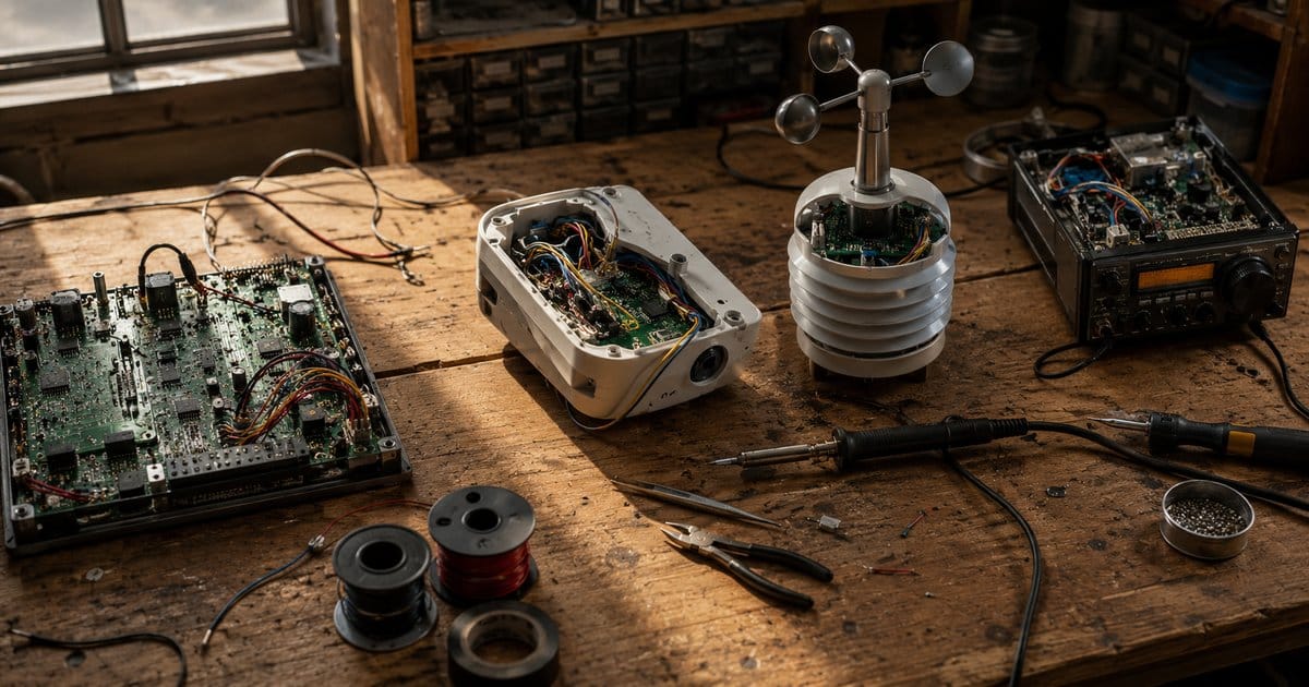 A wooden workbench with different electronic devices sharing the same wiring patterns and components. Soldering iron, wire spools, and tools scattered between projects. Warm window light.
