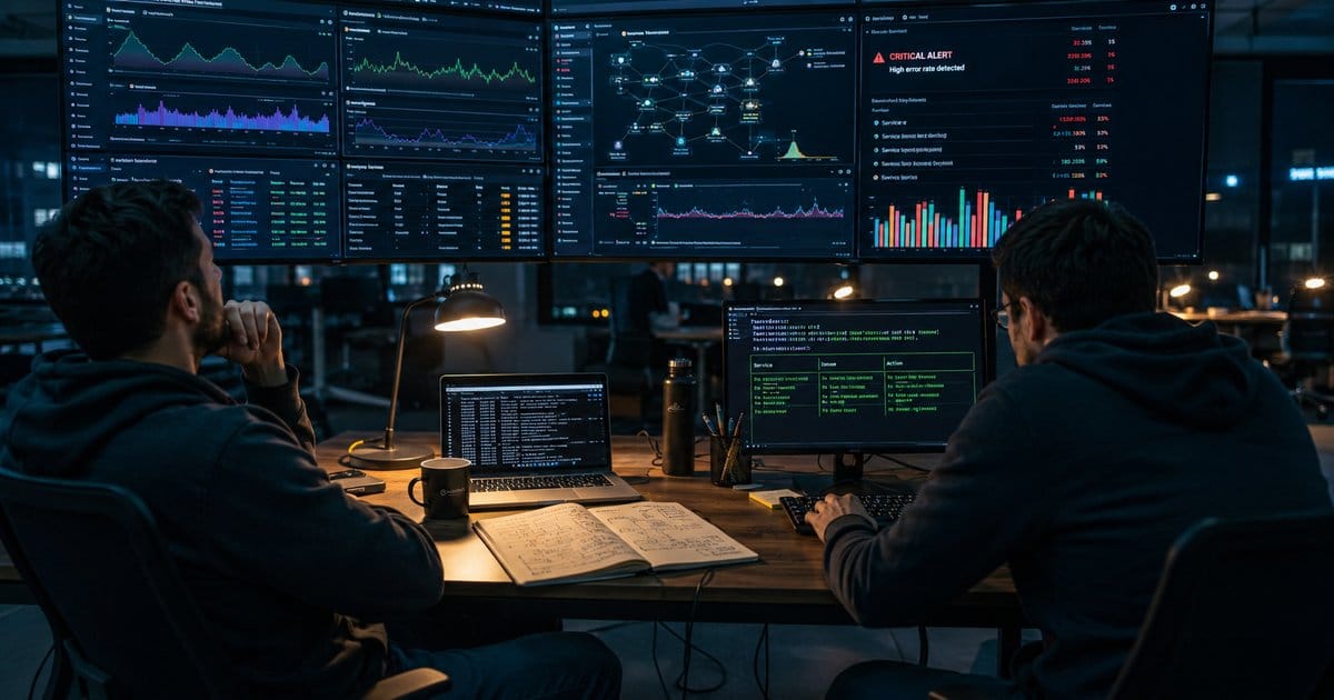 Two engineers at a shared desk facing a wall of monitoring dashboards showing alerts and metrics. Laptops and terminals open between them. Late evening, warm desk lamp, empty office behind.