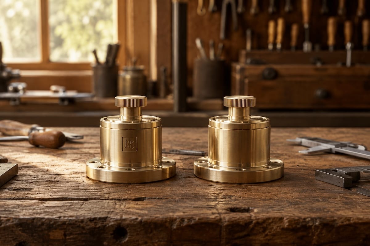 Two identical brass components on a craftsman's workbench. One bears a maker's mark, the other is unmarked. Warm morning light through a workshop window.