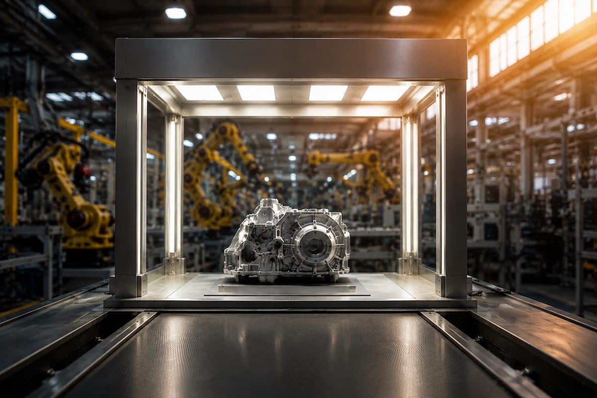 An industrial inspection station examining a machined part, with robotic arms on a production line blurred in the background.
