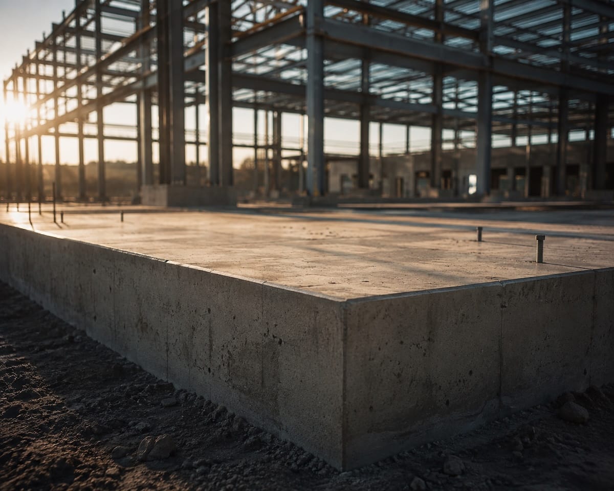 A concrete foundation with steel framework rising from it at sunset.