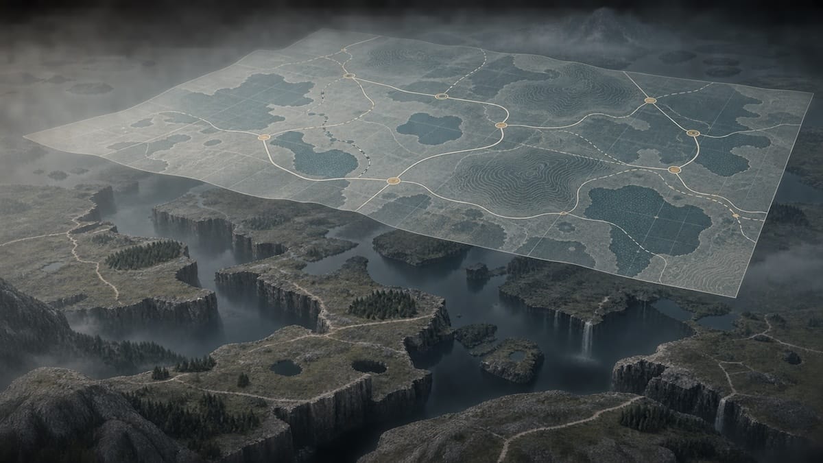 A translucent route map with neat waypoints floats above fractured terrain of cliffs, gorges, and waterfalls that the map does not account for.