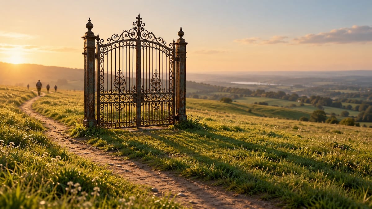 A lone iron gate in a meadow, with a footpath leading around it.