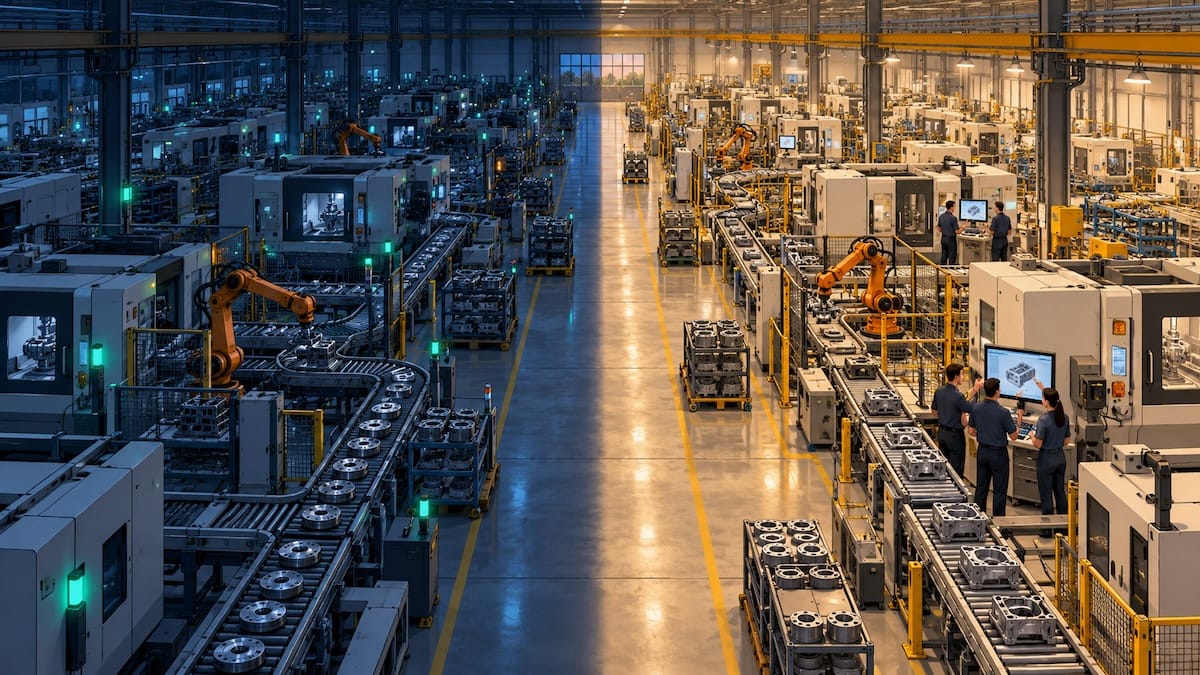 A factory floor split in two — one side dark with machines running unattended, the other warmly lit with people working alongside the same machines.
